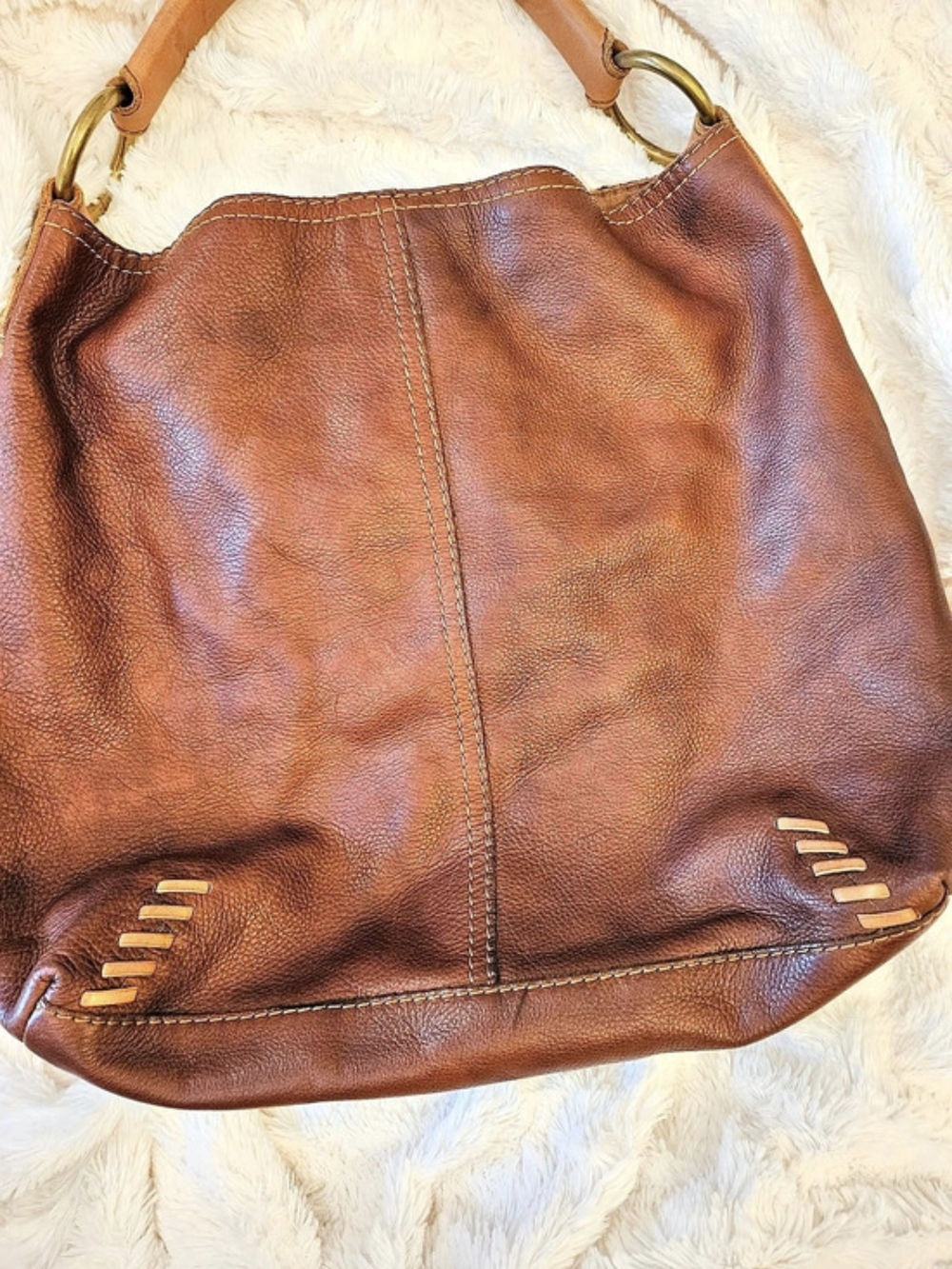 Y2K✨️Lucky Brand☆Brown Leather Slouchy Hobo Bag With Whipstitch - Picture 2 of 13